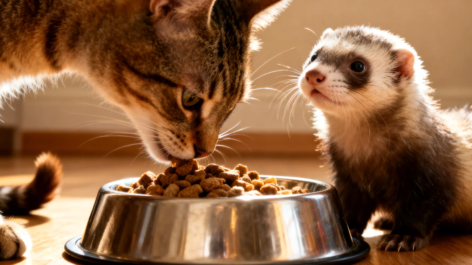 Frettchen benötigen eine ausgewogene, fleischbasierte Ernährung mit hohem Proteingehalt, aber beim Zusammenleben mit anderen Tieren wie Katzen oder Hunden kann es zu Futterneid, Diebstahl des Futters durch andere Haustiere oder zur Verfütterung von ungeeignetem Futter kommen, das für die anderen Tiere bestimmt ist"