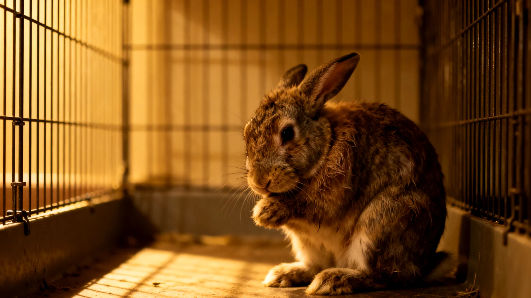 Kaninchen in Wohnungshaltung zeigen häufig Stresssymptome wie übermäßiges Putzen, Apathie oder Unruhe aufgrund von zu wenig Platz, fehlenden Rückzugsmöglichkeiten und mangelnder artgerechter Beschäftigung"