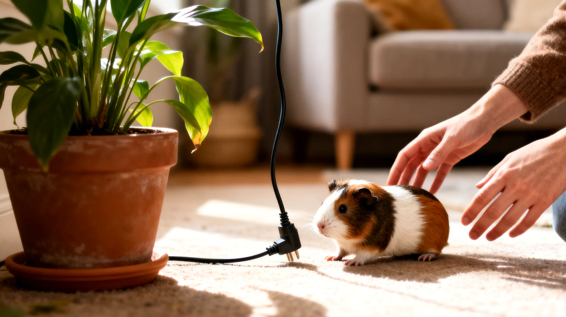 Welpen-Meerschweinchen benötigen eine besonders sichere und angepasste Wohnungsumgebung, da sie klein, neugierig und anfällig für Gefahren wie Kabel, giftige Zimmerpflanzen, Spalten und ungeeignete Bodenbeläge sind, während sie gleichzeitig ausreichend Platz zum Erkunden und Sozialisieren brauchen"